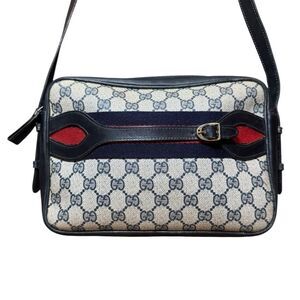 GUCCI Blue GG Supreme PVC Canvas Sherry Line Leather & Web Strap Vtg Purse